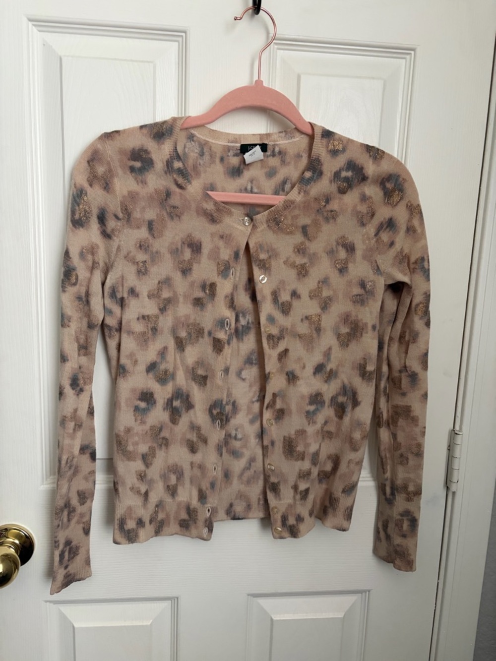 J. Crew Pink and Gray Leopard Merino Wool Cardigan